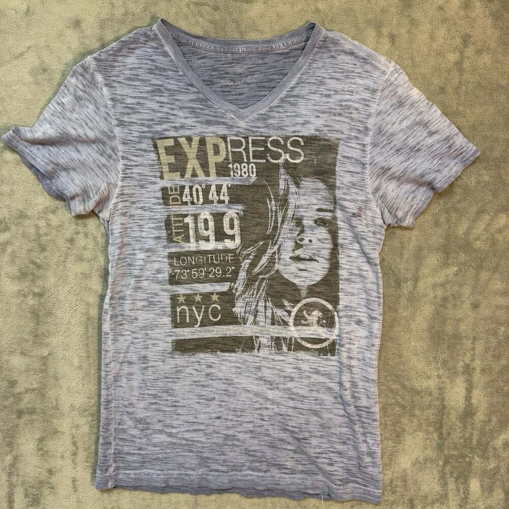 Express Graphic V-Neck T-Shirt Gray Y2K Grunge Logo